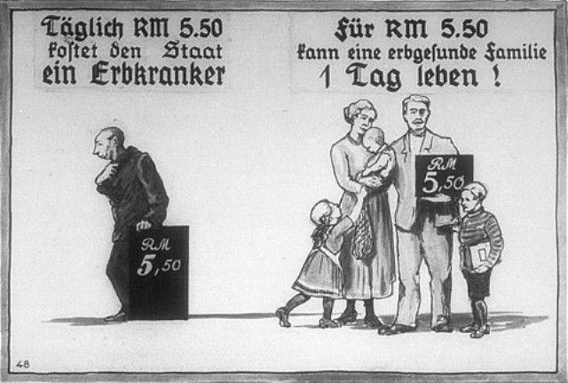 Propaganda nazista que diz que com 5,50 marcos, o Estado alemão banca um doente por dia. Com os mesmos 5,50 marcos, uma uma família vive por um dia... (Foto: Tumblr)